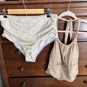 Beige Tankini Swimwear sz X-Large Ribbed Halter High Waist Ruched Botttoms‎